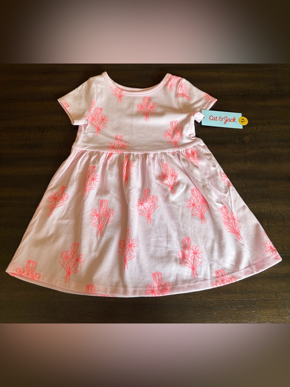 Cat & Jack Pink Neon Coral Floral Short Sleeve Dress
